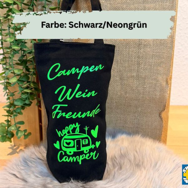 Robuste Bio-Baumwolle Weintasche „Campen/Wein/Freunde“ – Nachhaltige Flaschentasche für Camping & Outdoor