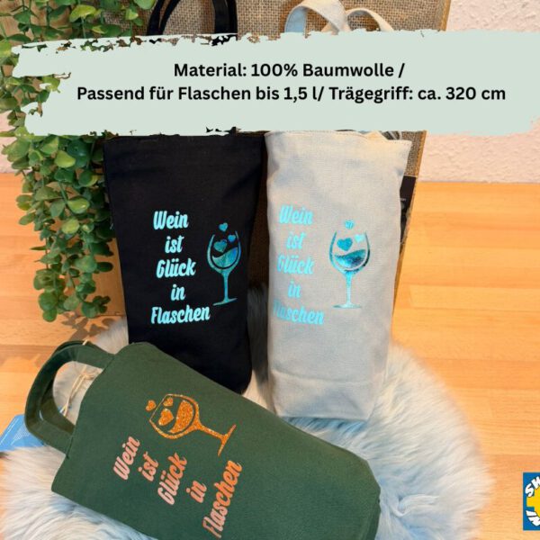 Robuste Bio-Baumwolle Weintasche „Wein ist Glück in Flaschen“ – Nachhaltige Flaschentasche für Camping & Outdoor