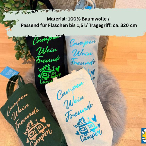 Robuste Bio-Baumwolle Weintasche „Campen/Wein/Freunde“ – Nachhaltige Flaschentasche für Camping & Outdoor